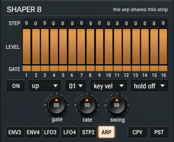 Harmonic Pro Studio Sonic synthesizer, Shaper B with the arpeggiator's 16 steps, mode, octaves, velocity, hold, gate, rate and swing
