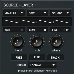 Harmonic Pro Studio Sonic synthesizer, the source section with engine, waves, waveform, tuning, blend, sub, phase and chord