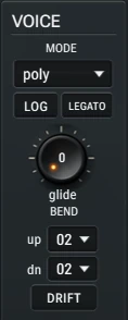 Harmonic Pro Studio Sonic synthesizer, the voice section with mode, glide, bend range and drift