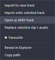 Harmonic Pro Studio Media Browser, FILES tab, the menu when you right-click an audio file