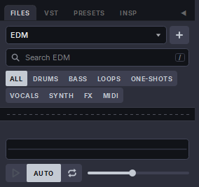 Harmonic Pro Studio Media Browser, FILES tab: the sound location, search, tags and the audition strip