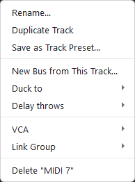 Harmonic Pro Studio Inspector, the channel menu when you right-click a track