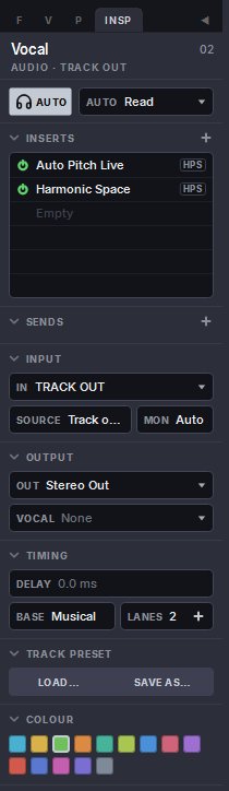 Harmonic Pro Studio Inspector for an audio track, with inserts, sends, input, output, timing, track preset and colour
