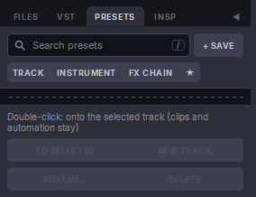 Harmonic Pro Studio Media Browser, PRESETS tab: the search box, + SAVE, the filter buttons and the buttons at the bottom