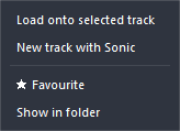 Harmonic Pro Studio Media Browser, PRESETS tab, the menu when you right-click a Sonic preset