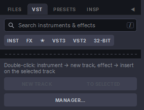 Harmonic Pro Studio Media Browser, VST tab: the search box, the filter buttons and the buttons at the bottom