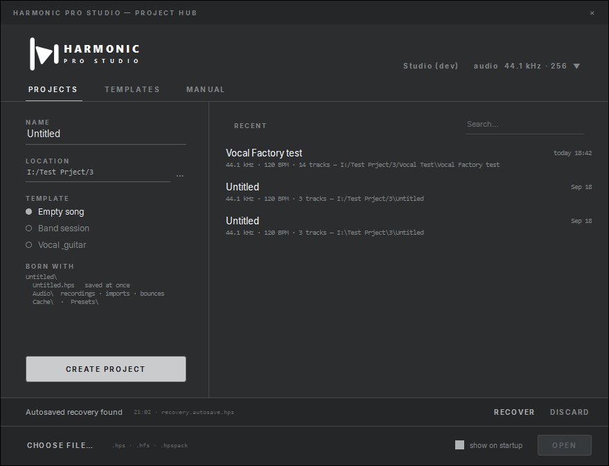 Harmonic Pro Studio Project Hub with a new song, recent songs and an autosave to recover