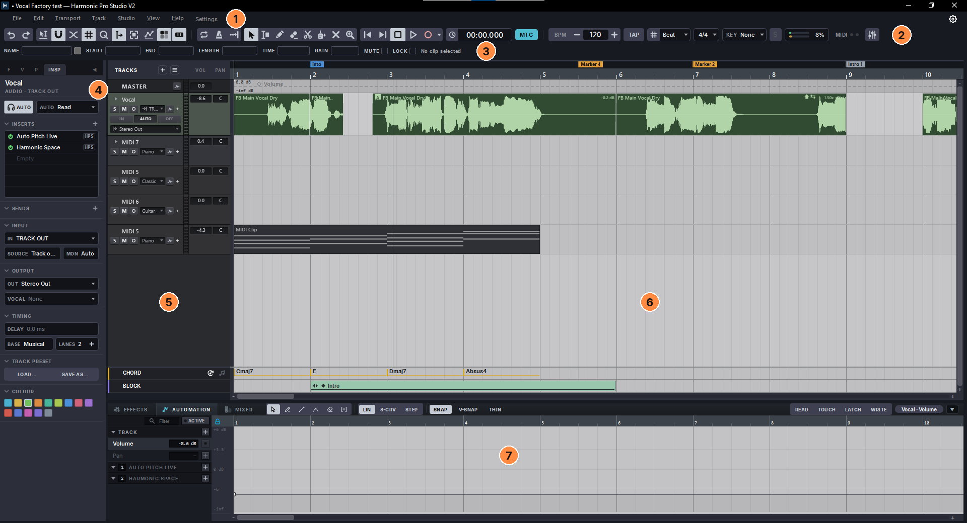 Harmonic Pro Studio main window with its seven sections numbered